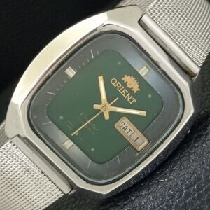 Vintage 1973 Square Orient Automatic Mens Silver Watch W/daydate & Green accents